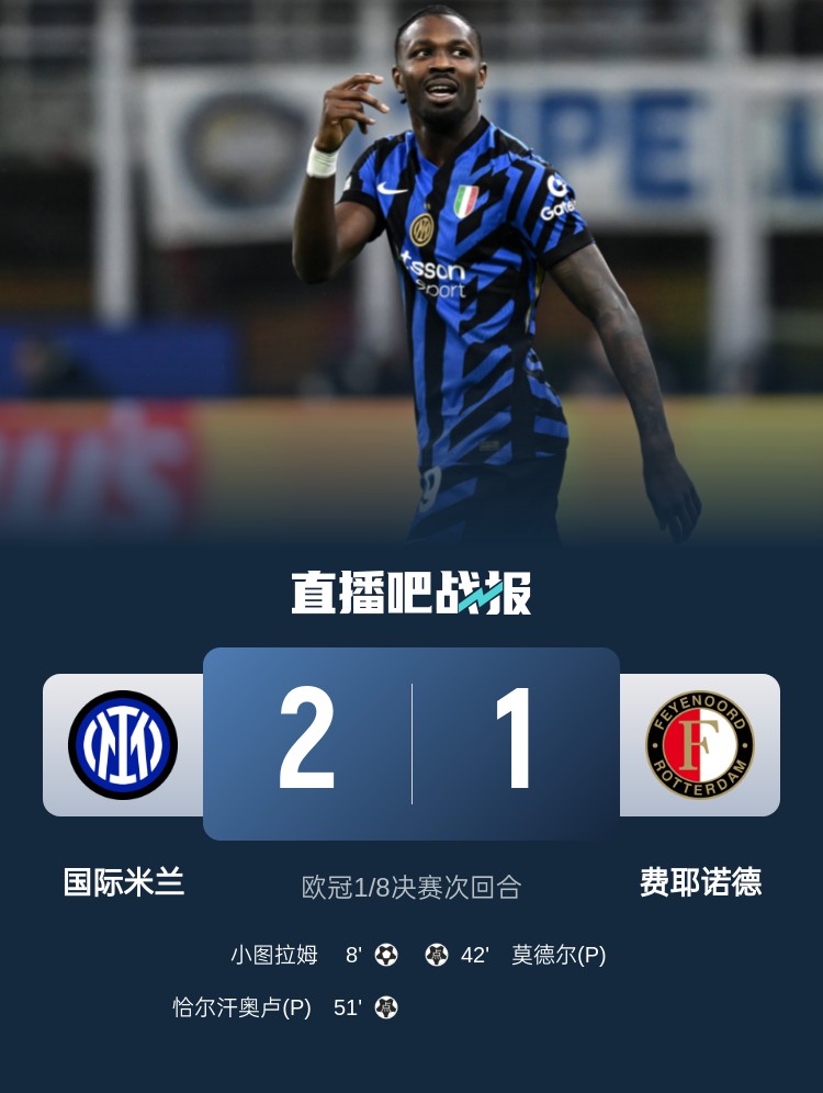 意天空为国米vs费耶诺德评分:小图拉姆7.5分MVP,邓弗里斯7分